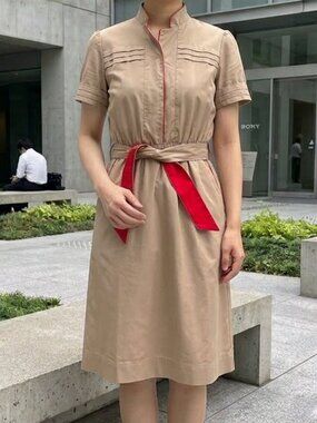 RARE Vintage Issey Miyake Sony Uniform Dress Pleated Beige Red Belt Archive Med